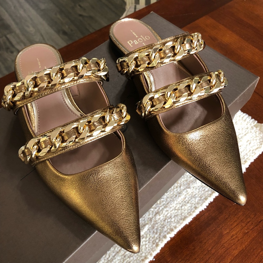 Linea Paolo Aural Gold Chain Flat Mules Pointed Toe